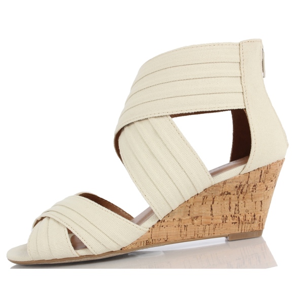 Shoes - Lawson Beige Canvas Pleated Criss Cross Cork Wedge